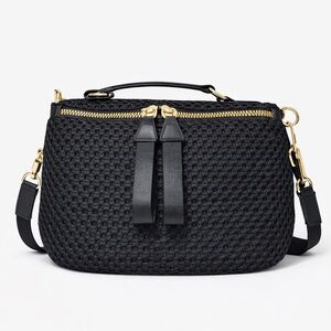 Black Textured Shoulder & Crossbody Purse Gold Hardware Modern Minimalist Bag